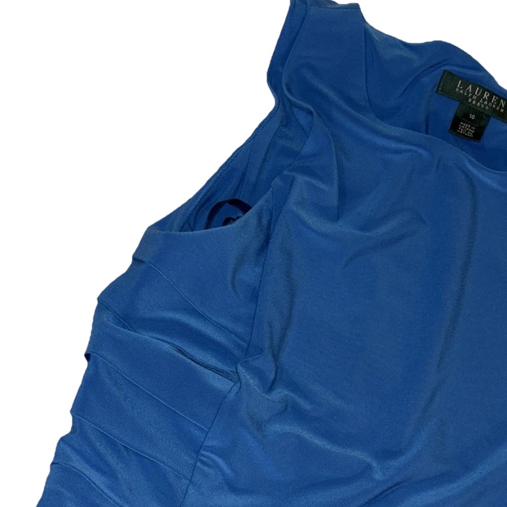 Lauren Ralph Lauren Vintage Blue Midi Dress Sz.10 Sleeveless Rushed Sides Strech - Picture 3 of 8